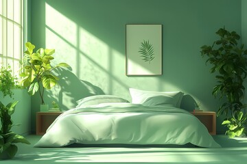 Modern Minimalist Green Bedroom Interior Design with Natural Light and Leafy Plants
