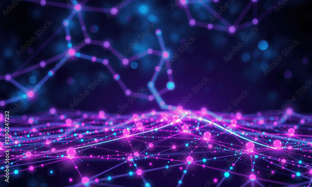 Poster vibrant digital landscape showcasing interconnected nodes and lines in shades of pink and blue, repr