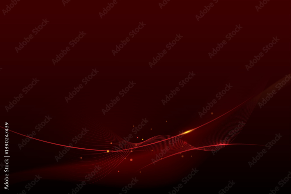Poster Illustration vector abstract wave, flow line, motion pattern and particle dot on red background. Modern futuristic, big data design for background. Digital datum, high tech, technology concept
