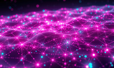 Fototapeta premium vibrant digital landscape showcases interconnected nodes and lines, creating mesmerizing pattern of pink and blue lights. This abstract representation evokes sense of depth and complexity data