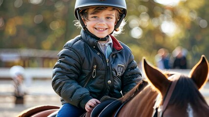 the boy is learning to ride horses. selective focus