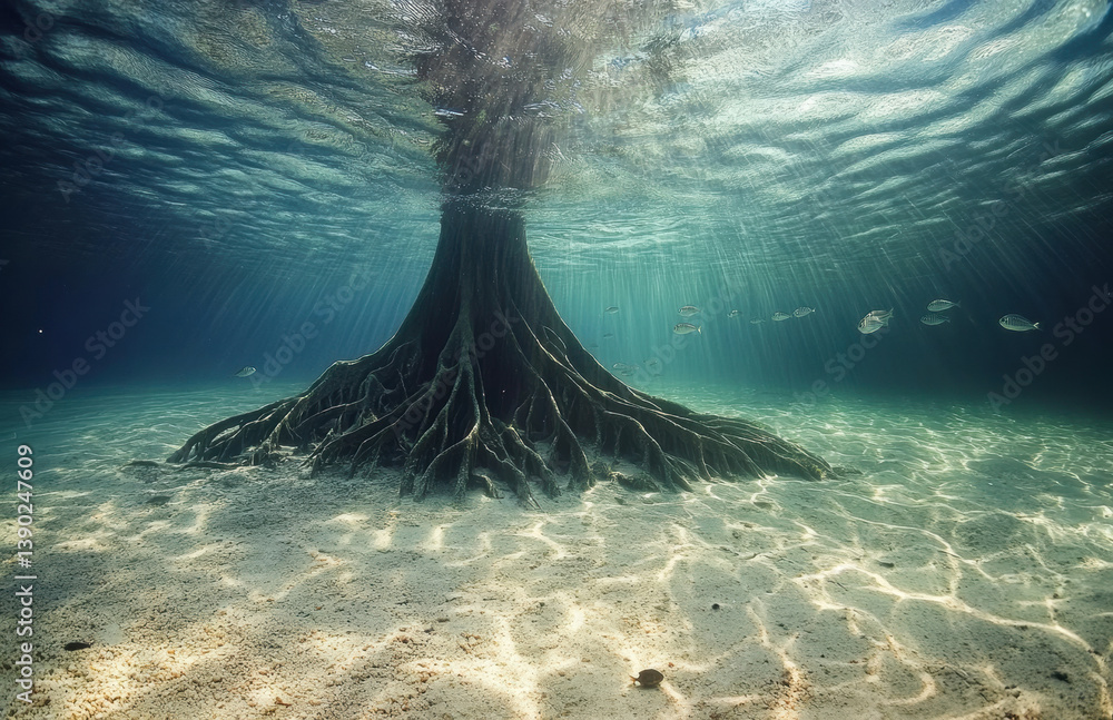 Poster stunning underwater scene featuring large tree with intricate roots submerged clear water, surrounde