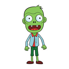 A quirky green zombie with a big head, wide eyes, and a goofy grin. It’s got messy hair, tattered clothes, and a playful vibe, making it more cute than scary!