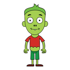 A quirky green zombie with a big head, wide eyes, and a goofy grin. It’s got messy hair, tattered clothes, and a playful vibe, making it more cute than scary!
