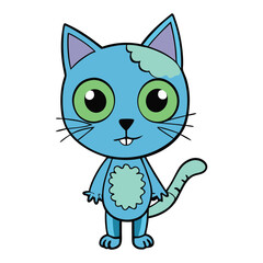 A creepy-cute zombie kitten with glowing eyes, exposed stitches, and a mischievous grin stalks around with tattered fur and a playful yet undead charm.