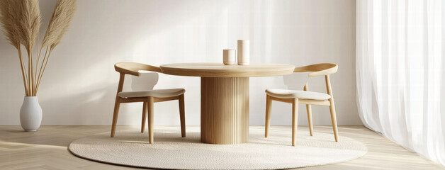 modern wooden dining table with two chairs, surrounded by cozy atmosphere, featuring soft lighting and natural decor elements
