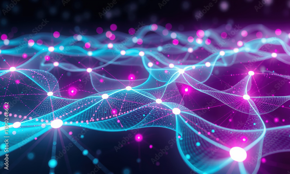 Poster vibrant and dynamic representation of quantum data visualization, showcasing interconnected waves an