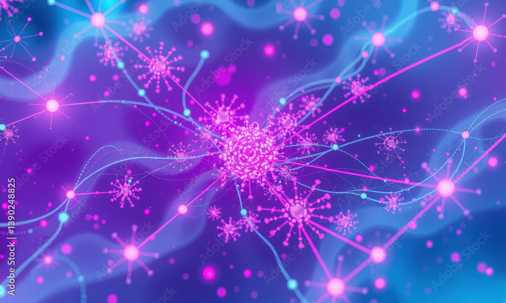 Poster vibrant abstract representation of quantum data visualization, featuring interconnected nodes and gl