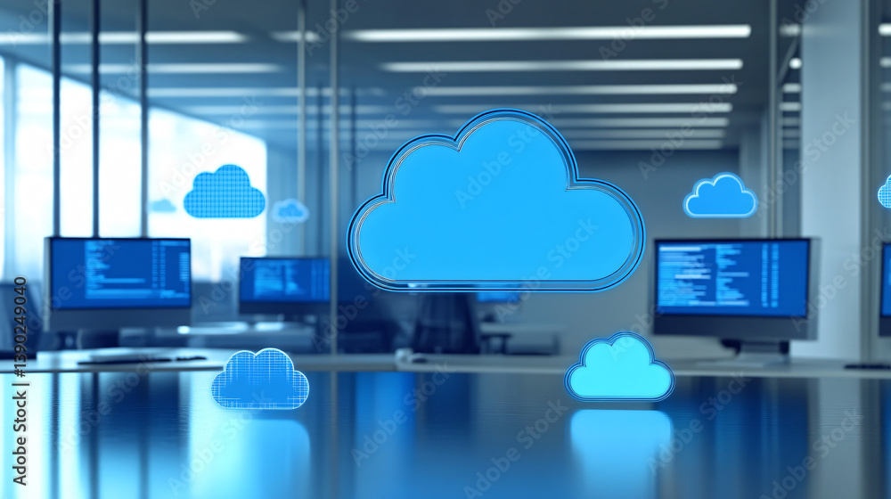 Poster corporate cloud computing interface showcased on multiple high-resolution monitors