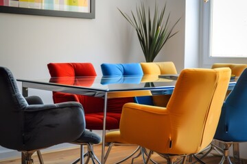 sleek office with a small conference table and vibrant seating for casual talks