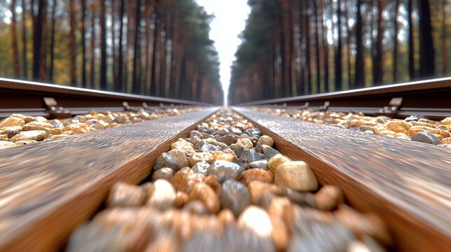 Close up railroad tracks through forest - Powered by Adobe