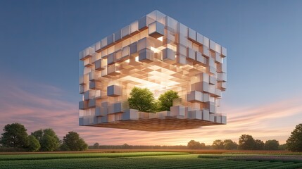 Fototapeta premium Rural-urban migration shifts lifestyle transformation, Futuristic building design with greenery floating in the sky. Youth rural exodus, rural-to-urban adaptation