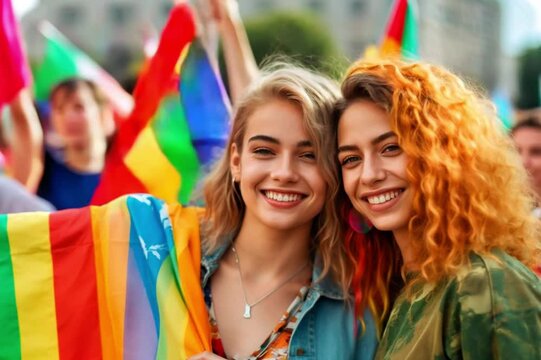 Two young girls with lgtbi flags at the gay pride demonstration