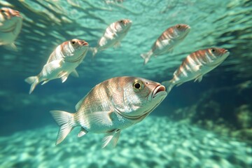 Naklejka premium Underwater scene showcasing schools of shiny fish gracefully swi