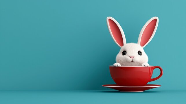 Adorable White Rabbit in Red Teacup on Teal Background