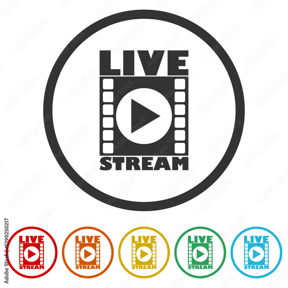 Poster live stream flat logo. set icons in color circle buttons