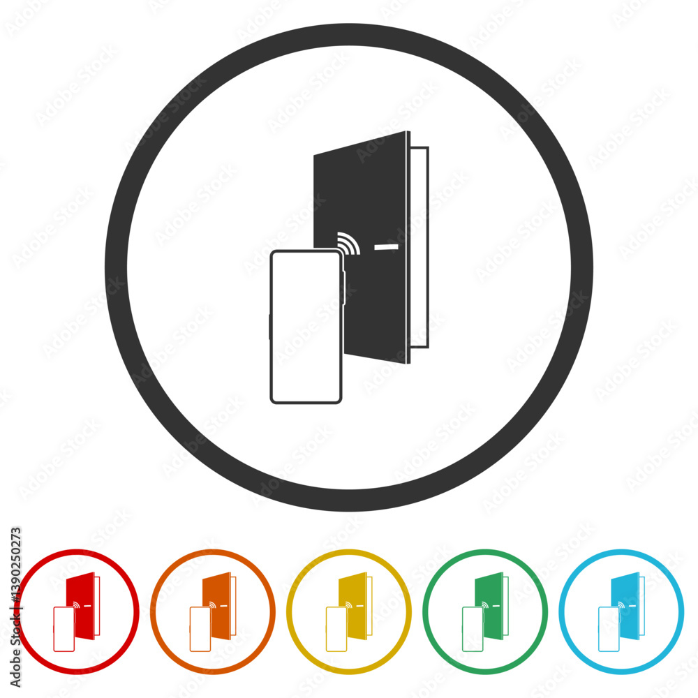 Poster smart phone open door icon. set icons in color circle buttons