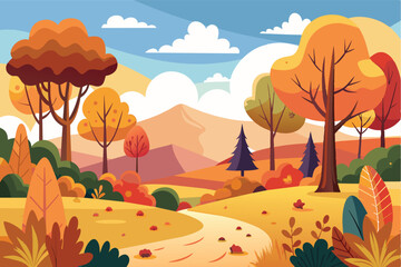 A picturesque digital illustration of an autumnal forest path with colorful trees and a winding trail.