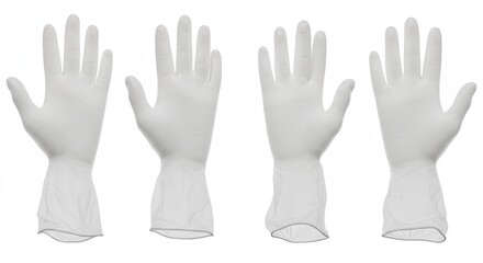 Obraz premium Four polyethylene gloves arranged against a pristine white backdrop showcasing minimalist elegance