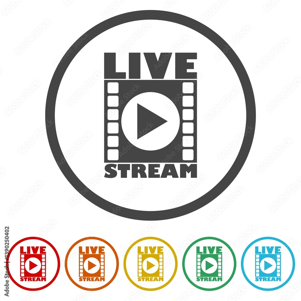 Poster live stream flat logo. set icons in color circle buttons