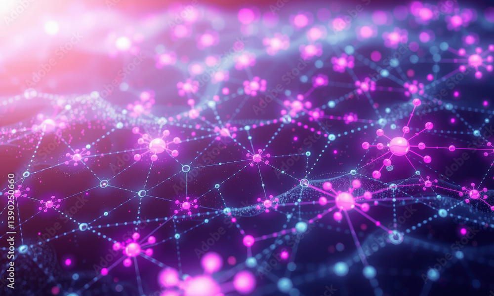 Poster vibrant visualization of quantum data, showcasing interconnected nodes and particles in shades of pi