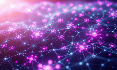 vibrant visualization of quantum data, showcasing interconnected nodes and particles in shades of pink and blue, creating dynamic and futuristic atmosphere