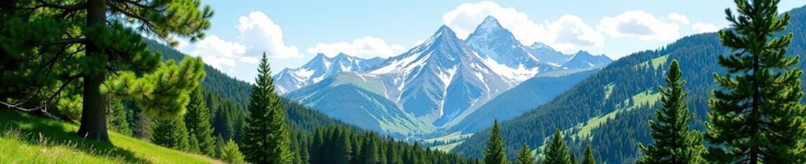 Obraz premium Lush green pine trees with snow-capped mountains in the background on a sunny summer day in Colorado, forest, trees