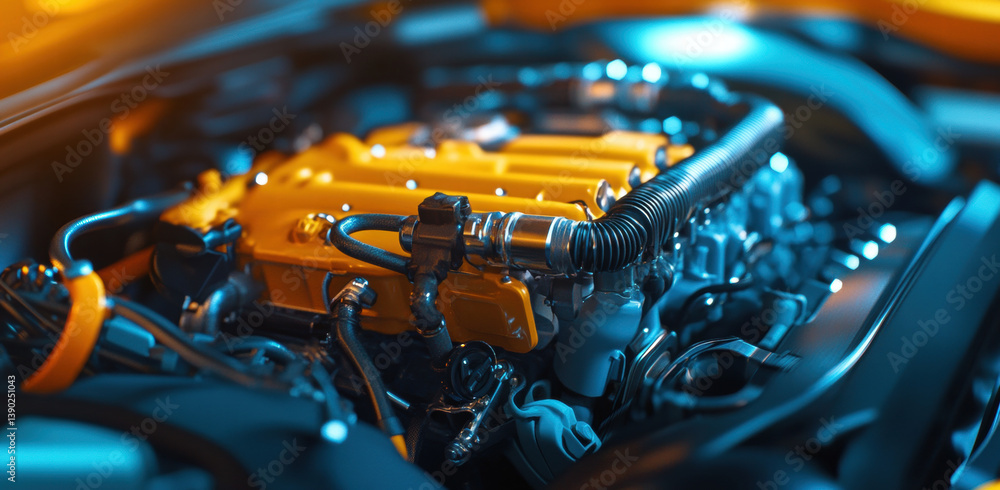 Poster high performance engine with vibrant orange components, showcasing intricate mechanical details and 