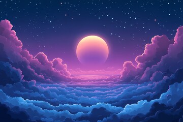 Vibrant Night Sky with Moon and Stars in Whimsical Digital Art Illustration - Serene Pastel Colors and Cosmic Landscape