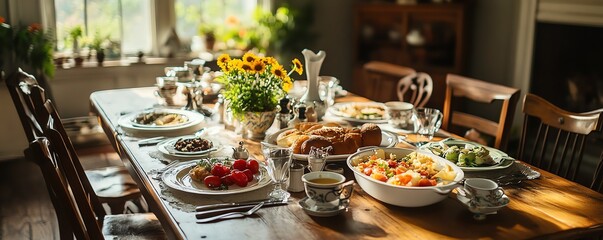 A wooden dining table set for a 1940s family meal