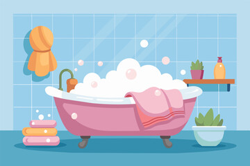 A cartoon illustration of a pink bathtub filled with bubbles in a modern bathroom, with a towel draped over the side, soap bars, and plants.