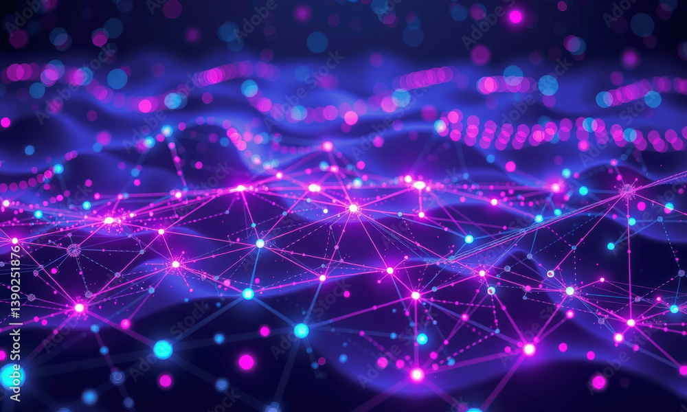 Poster vibrant digital landscape showcasing interconnected nodes and lines, representing data flow and quan