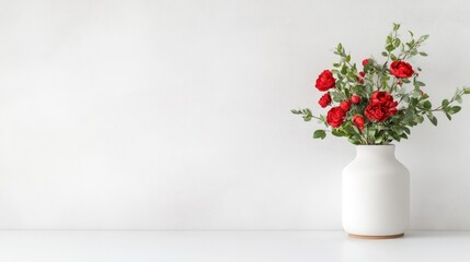 A white ceramic vase with vibrant red flowers on a minimalist white surface, simple elegant composition, and bright and clean interior setting. © Giman