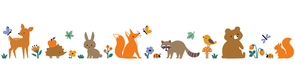 Seamless border of cute cartoon woodland animals isolated on white background. Vector clip art of forest wildlife animals.