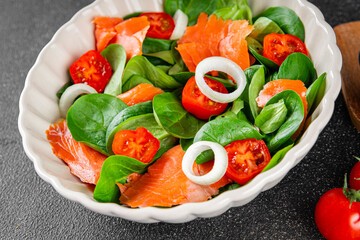 Salad salmon fresh seafood appetizer vegetables dish fresh tasty gourmet food background on table rustic food top view copy space 