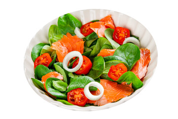 Salad salmon fresh seafood appetizer vegetables dish fresh tasty gourmet food background on table rustic food top view copy space 