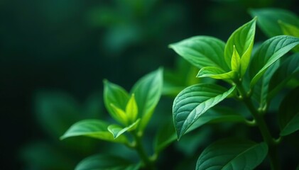 Fototapeta premium Lush green plants with vibrant leaves in focus against a dark, blurred background, dark, organic