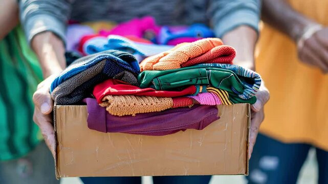 a volunteer holds a box with things. selective focus