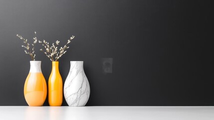 Three Vases with Branches Minimalist Modern Style High-Resolution Studio Lighting Centered Close-up Shot Home Decor Arrangement Dark Grey Background Neutral Warm Tones Ideal for Interior Design