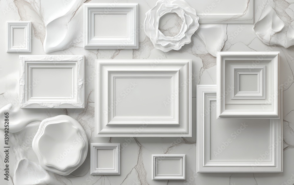 Poster a detailed view of a wall displaying multiple white frames arranged closely together.