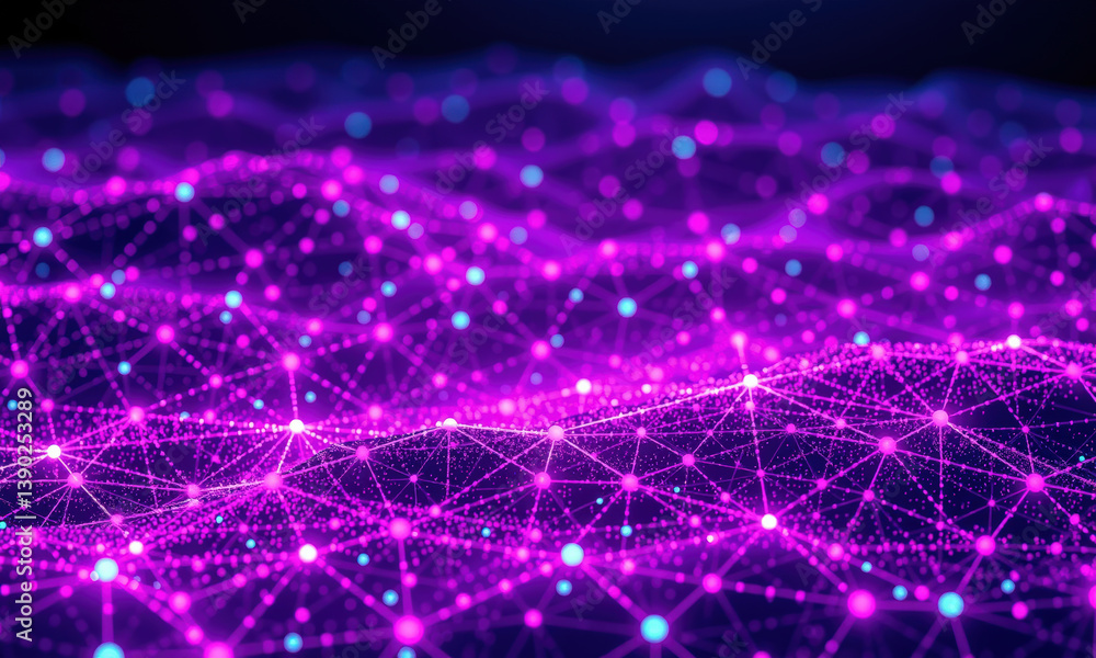 Poster vibrant digital landscape featuring interconnected nodes and lines in shades of purple and blue, rep