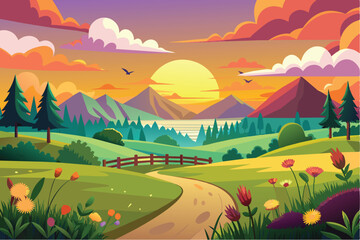 Obraz premium An illustrated scene of a winding path leading through a grassy valley, surrounded by mountains and a setting sun.