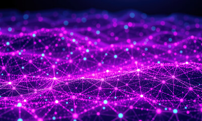 Fototapeta premium vibrant digital landscape featuring interconnected nodes and lines in shades of purple and blue, representing data flow and quantum technology. scene evokes sense of innovation and complexity