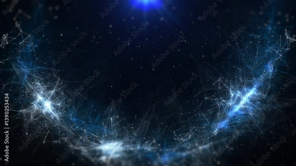 Poster abstract futuristic blue abstract fractal low poly structure with glow cloud, nebula neural network 