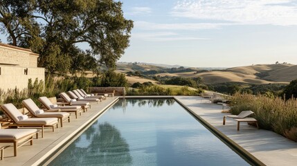 Fototapeta premium Serene Outdoor Pool with Lounge Chairs Surrounded by Rolling Hills and Lush Greenery Under Bright Blue Sky