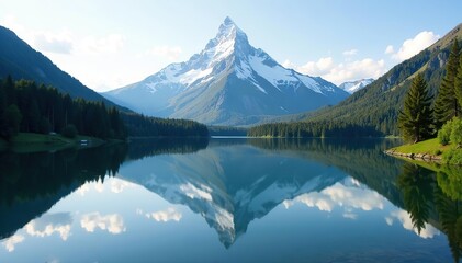 Mountain landscape with tranquil lake mirroring snow-capped peak,  beauty,  serene