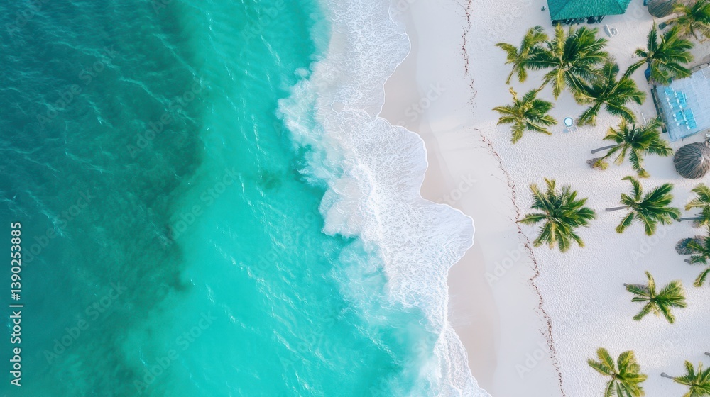 Poster aerial view of a beach featuring a pool surrounded by palm trees under a clear sky.