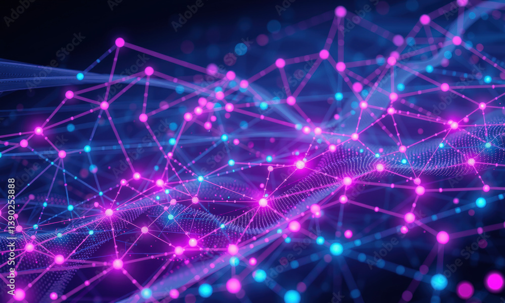 Poster vibrant quantum data visualization featuring interconnected nodes and lines in shades of pink, blue,