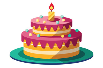 A cartoon birthday cake with pink frosting, colorful sprinkles, and a lit candle on top. Yellow cake on a teal plate with a shadow underneath.
