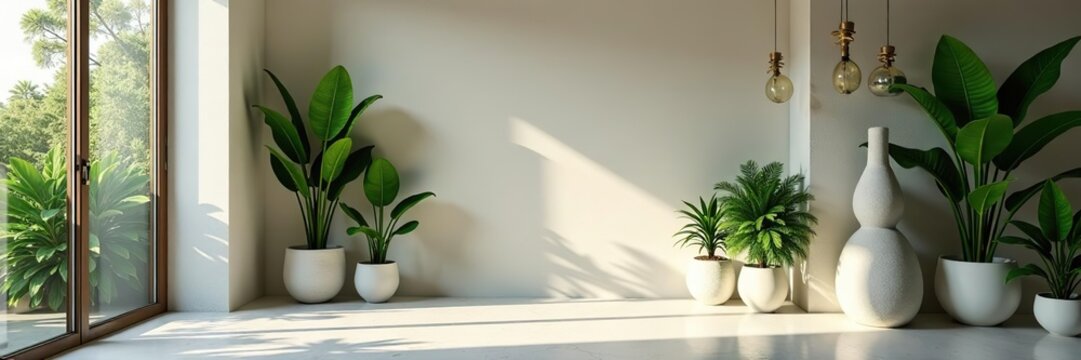 Interior with indoor plants and plaster sculptures, urban jungle concept, biophilia design,  eclecticism,  biophilia